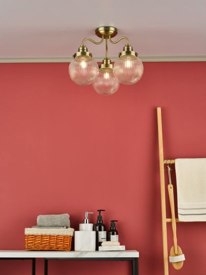 Tamara 3 Semi Flush Antique Brass Ceiling Light IP44