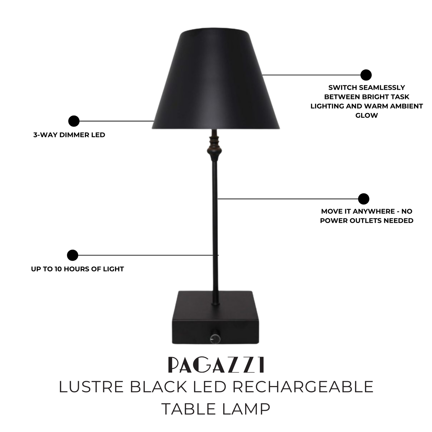 Lustre Black LED Rechargeable Table Lamp