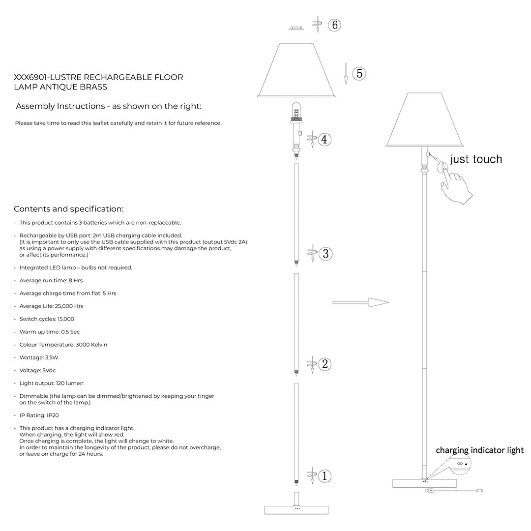 Lustre Antique Brass LED Rechargeable Floor Lamp