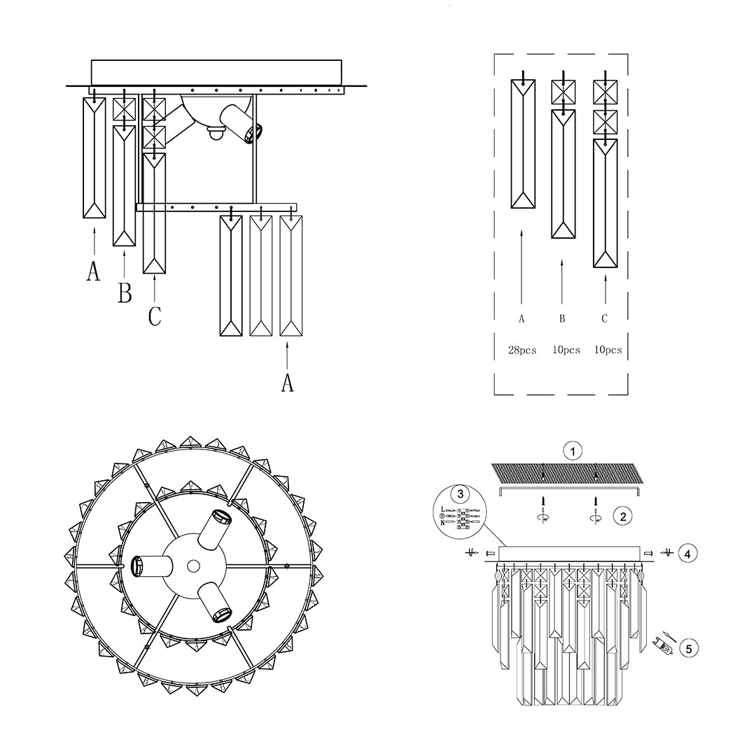 Onega 3 Light Antique Brass & Glass Flush Ceiling Light