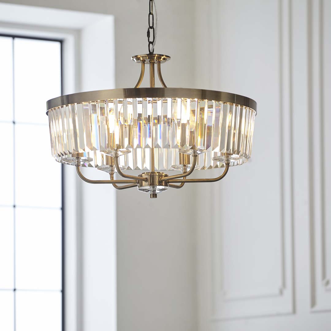 Elean 6 Light Antique Brass & Glass Pendant Ceiling Light
