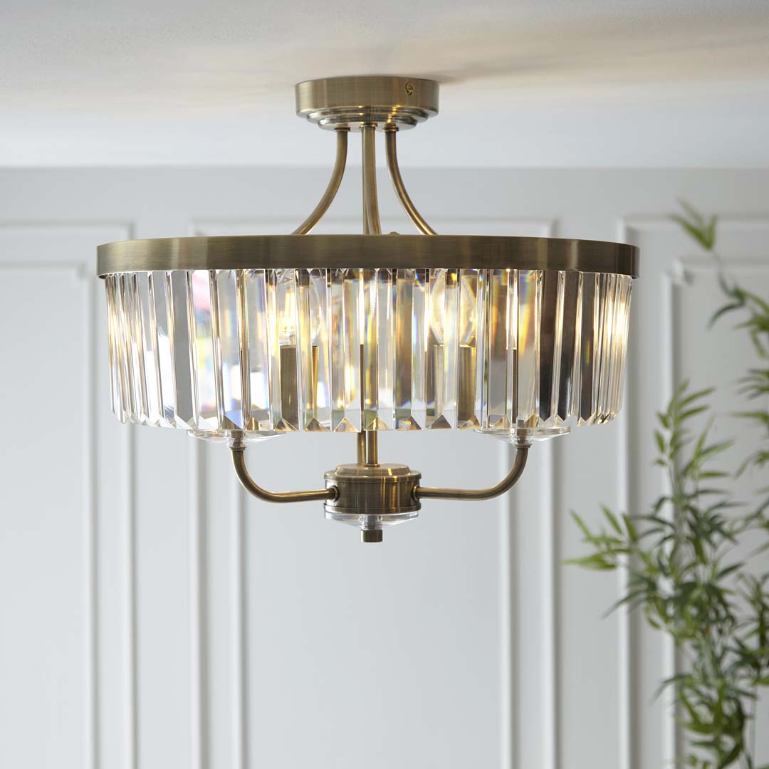 Elean Antique Brass Glass Semi-Flush Ceiling Light