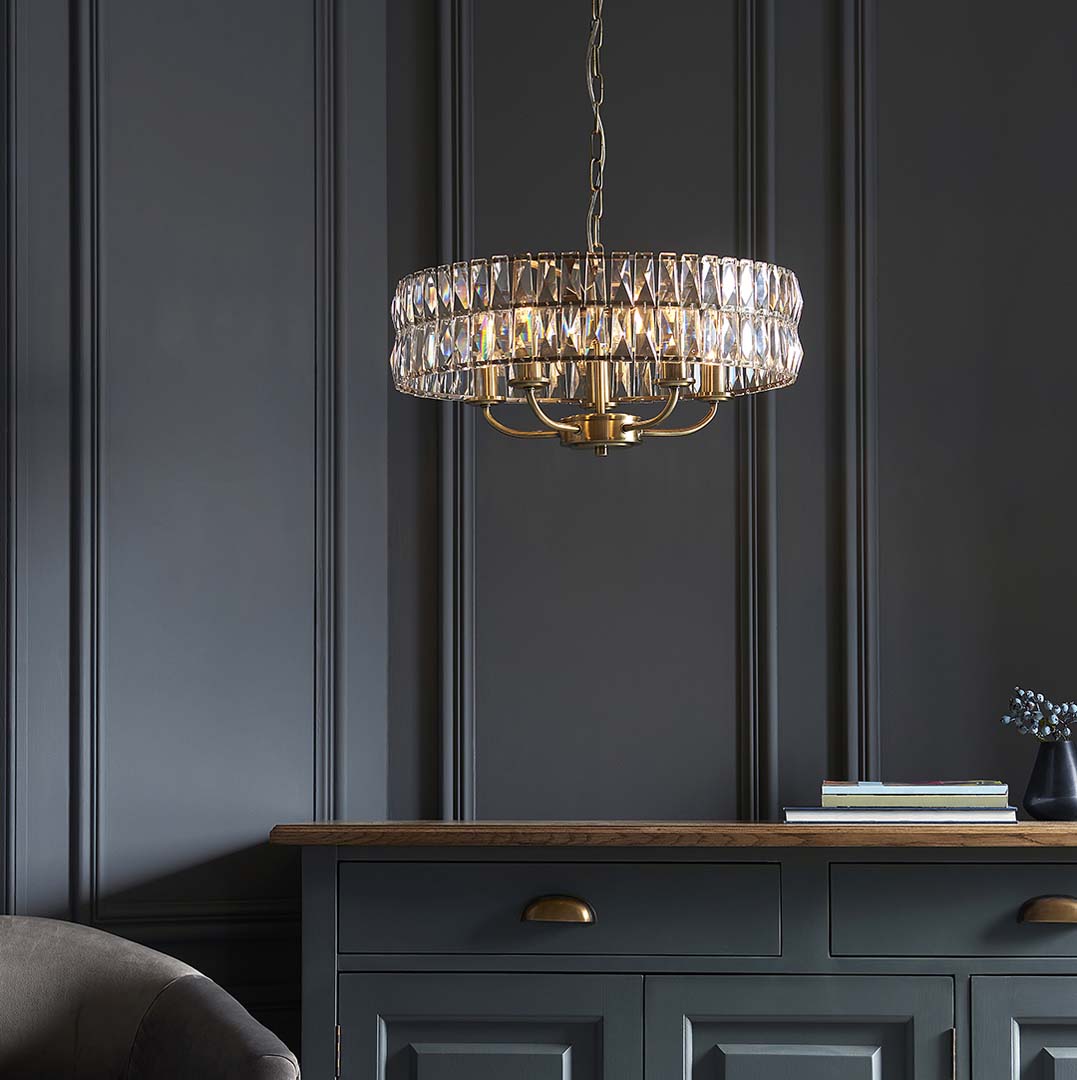 Clifton 5 Light Antique Brass Pendant Ceiling Light