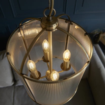 Lambeth Ribbed 4 Light Pendant Antique Brass