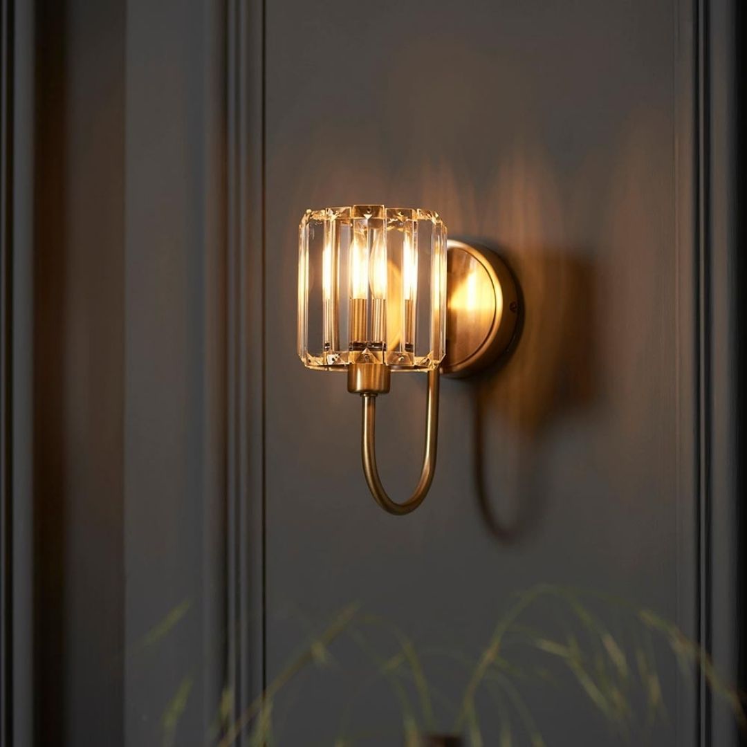 Berenice Antique Brass Wall Light with Faceted Glass Shade