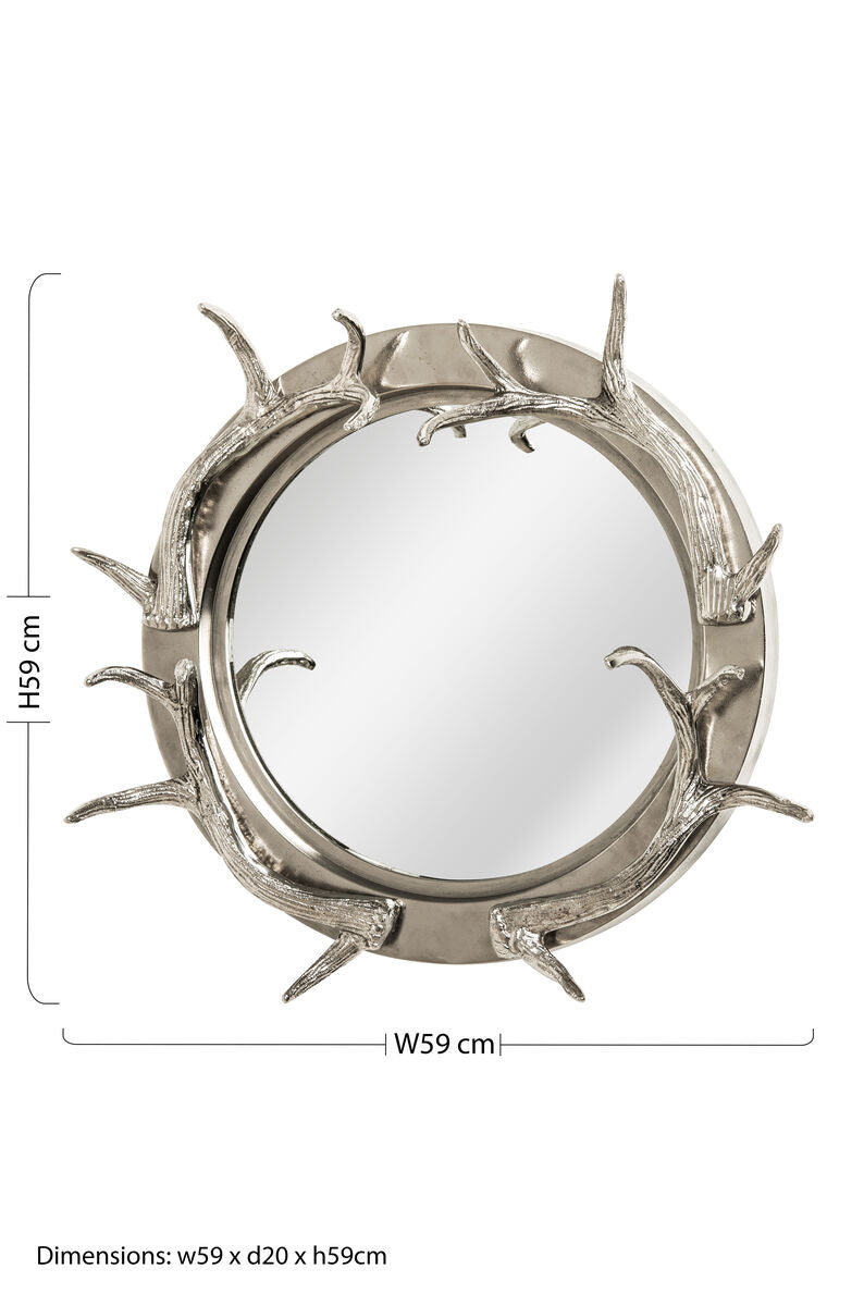 Antler Silver Metal Wall Mirror with Antler Frame