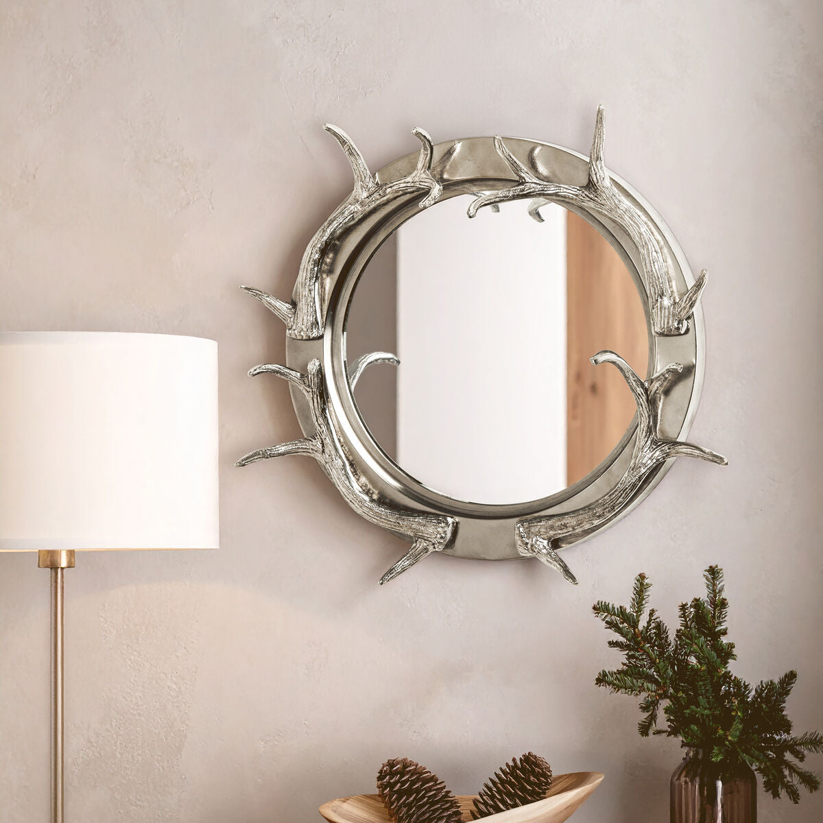 Antler Silver Metal Wall Mirror with Antler Frame