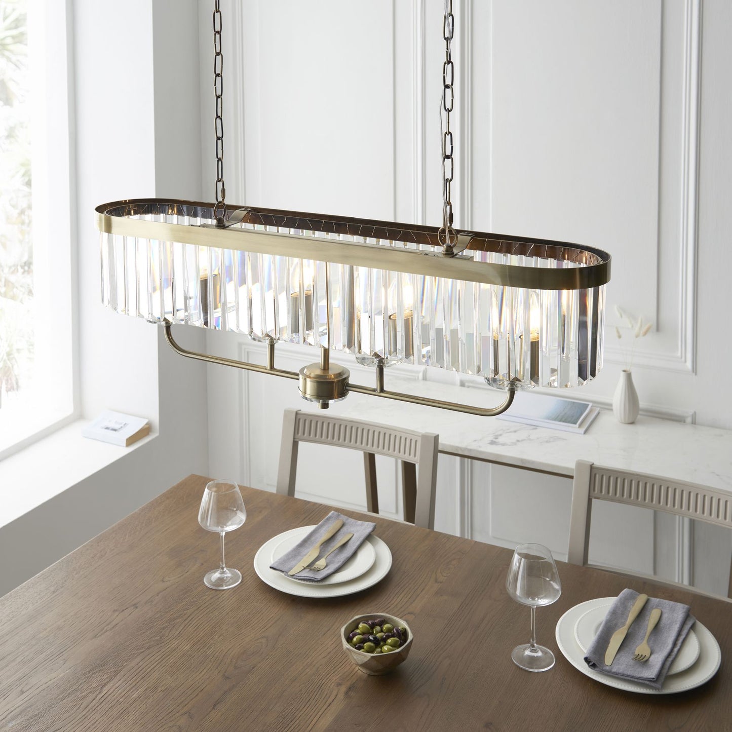 Chesterfield 4 Light Antique Brass & Crystal Pendant Bar