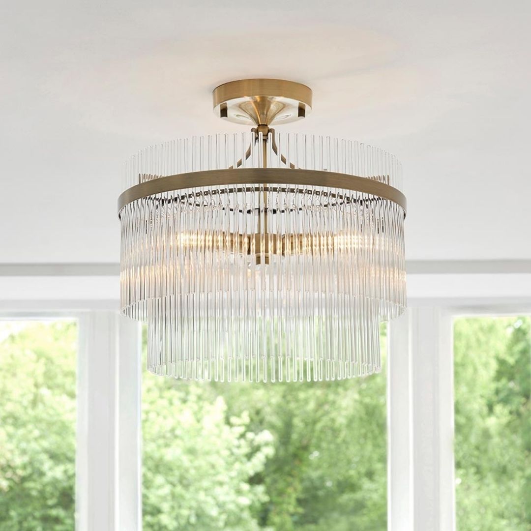Marietta 3 Light Antique Brass & Glass Semi Flush Ceiling Light