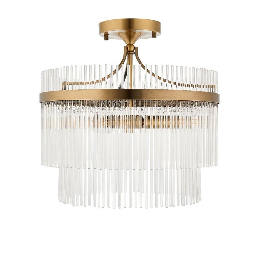 Marietta 3 Light Antique Brass & Glass Semi Flush Ceiling Light