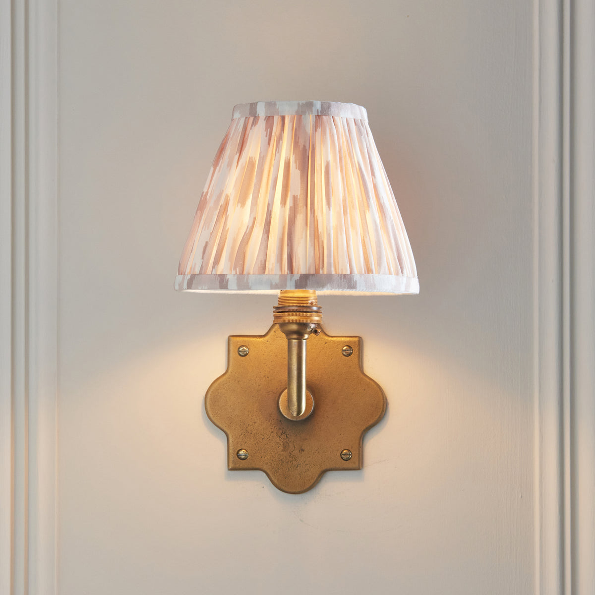 Anvil Angle Antique Brass Wall Light with Neutral Ikat Shade