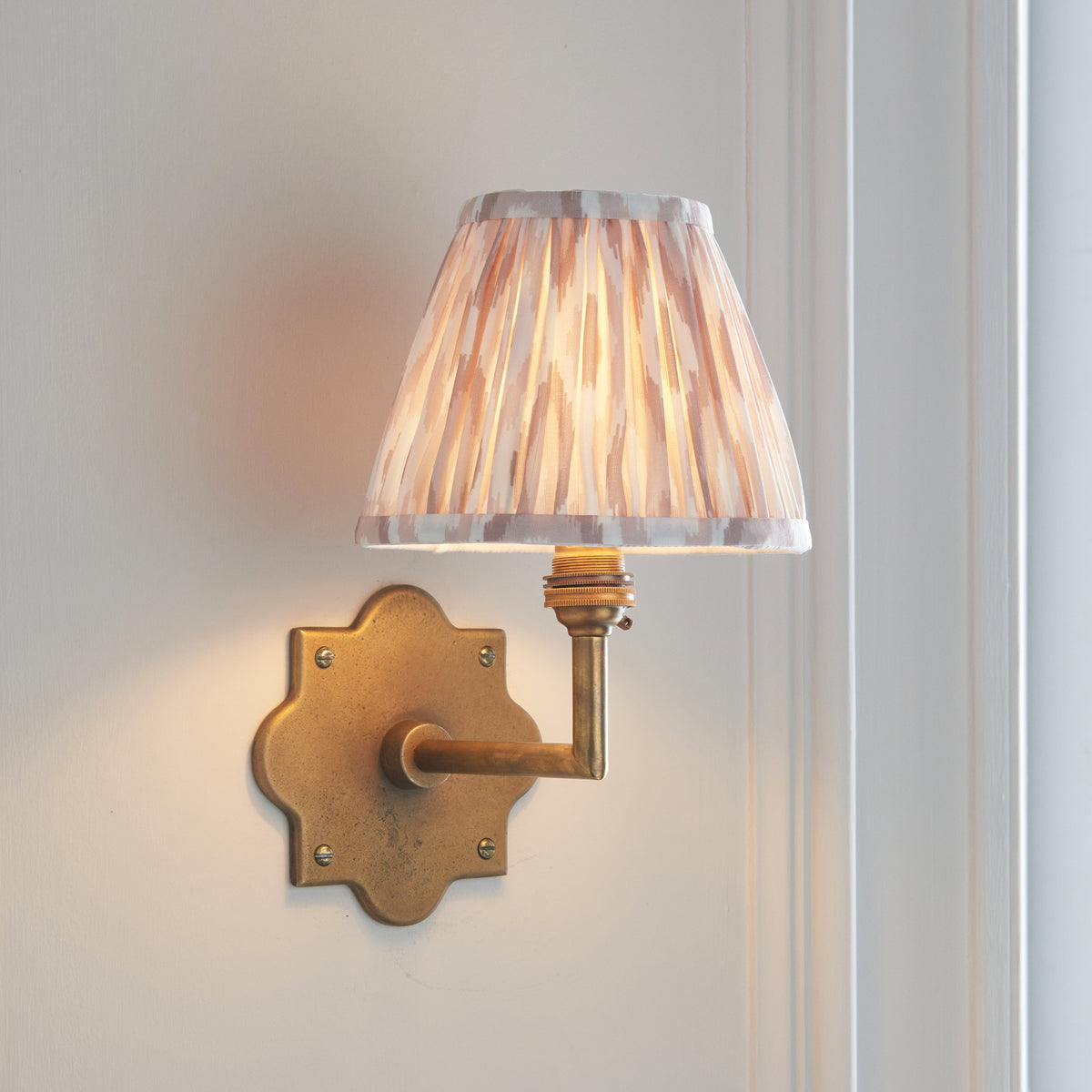 Anvil Angle Antique Brass Wall Light with Neutral Ikat Shade