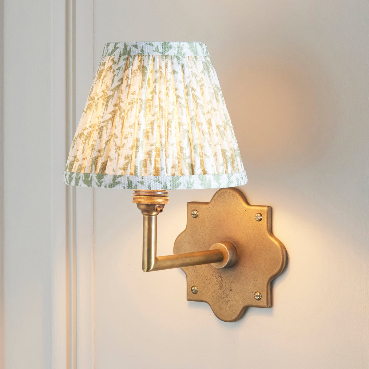 Anvil Angle Antique Brass Wall Light with Green Leaf Shade