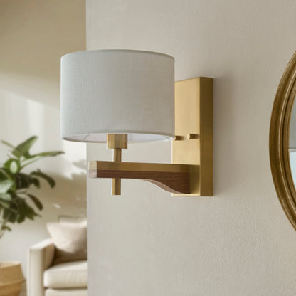 Heathcliff Oak & Aged Brass Wall Light with Linen Shade