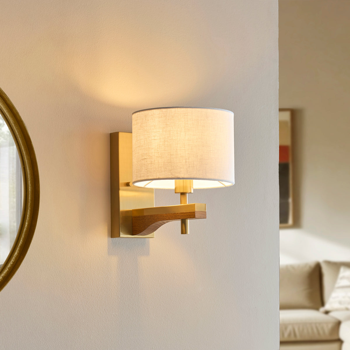 Heathcliff Oak & Aged Brass Wall Light with Linen Shade