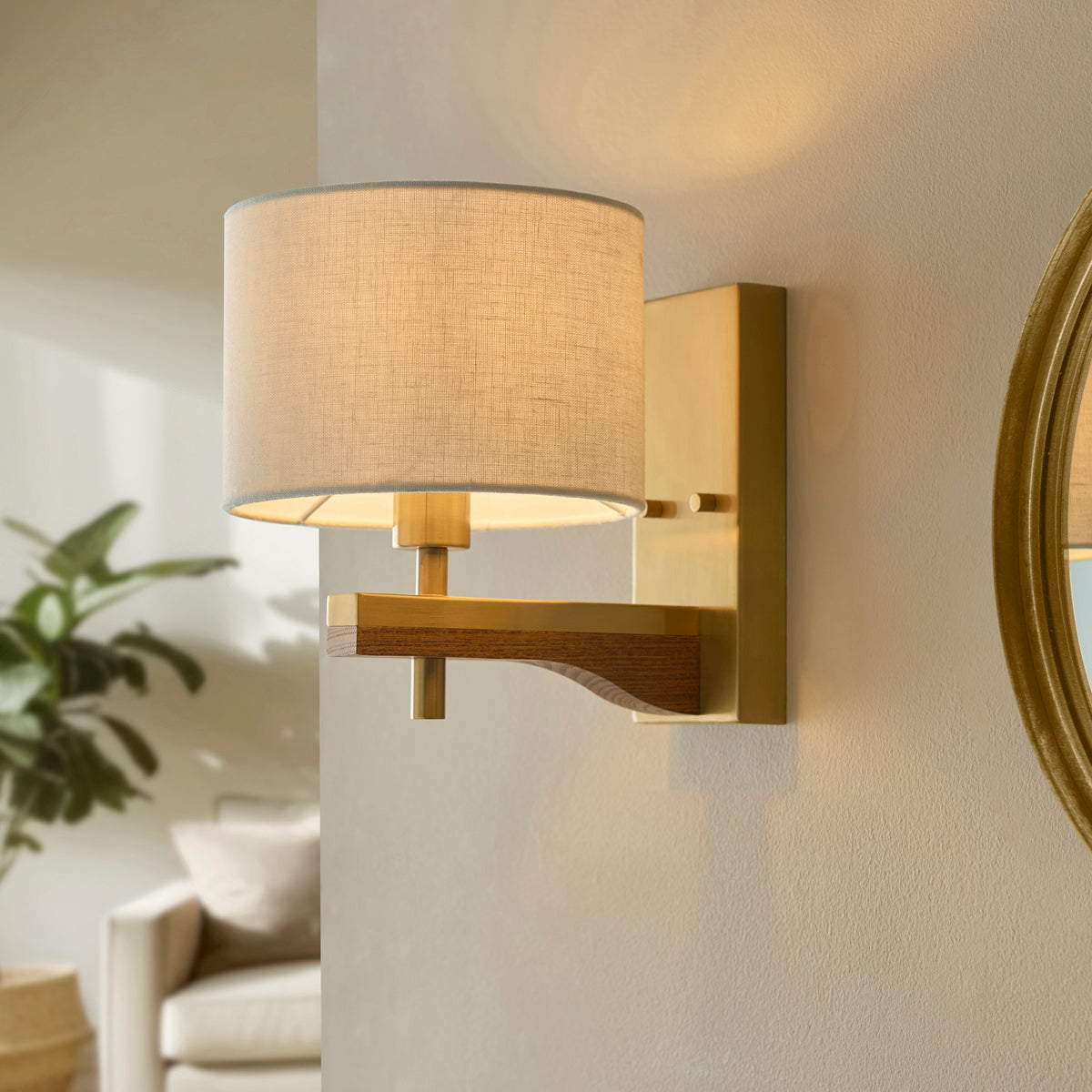 Heathcliff Oak & Aged Brass Wall Light with Linen Shade