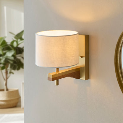 Heathcliff Oak & Aged Brass Wall Light with Linen Shade
