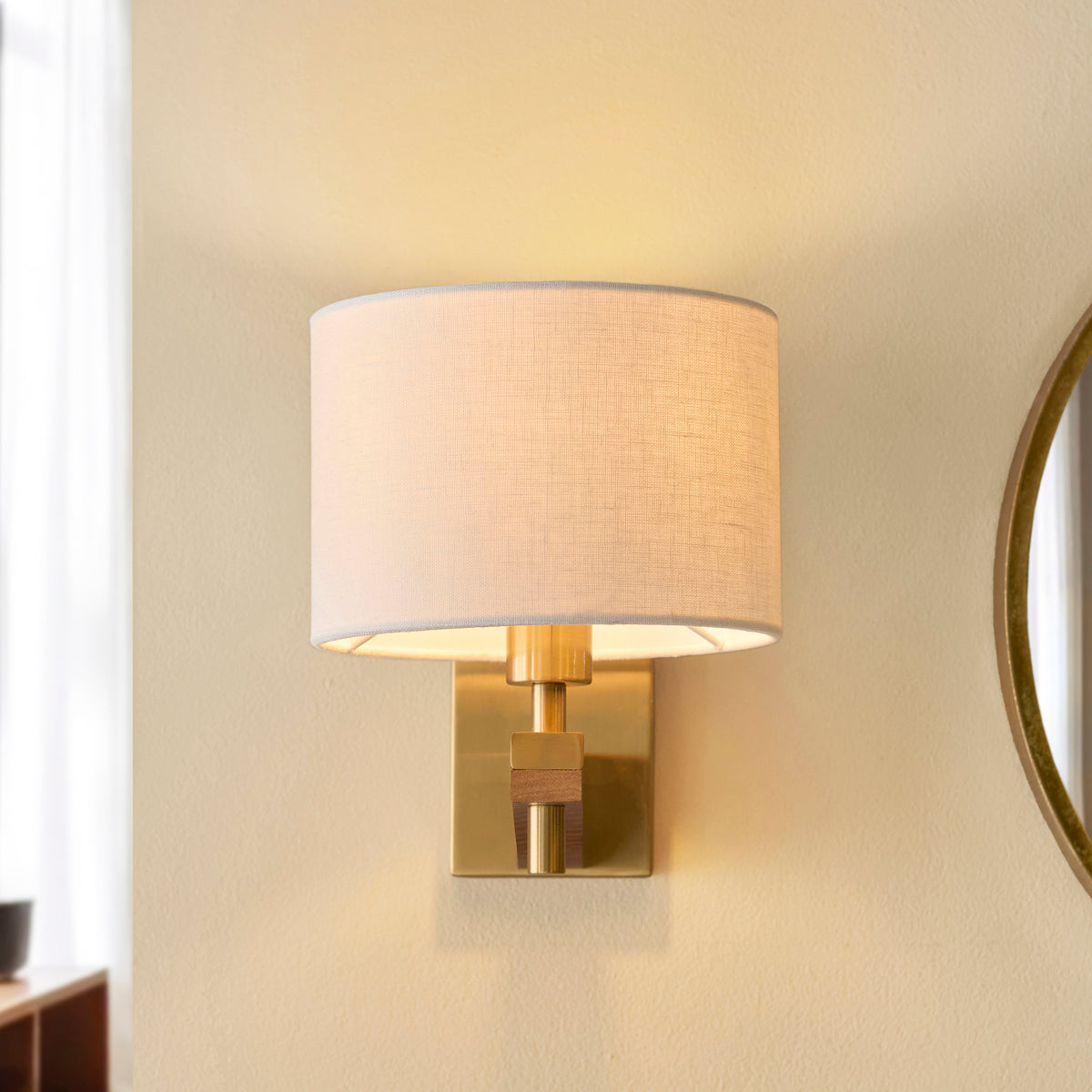 Heathcliff Oak & Aged Brass Wall Light with Linen Shade