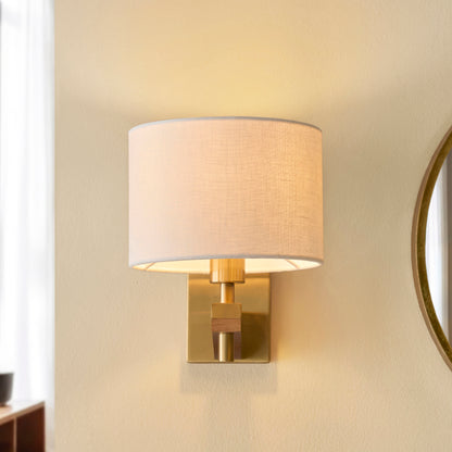 Heathcliff Oak & Aged Brass Wall Light with Linen Shade