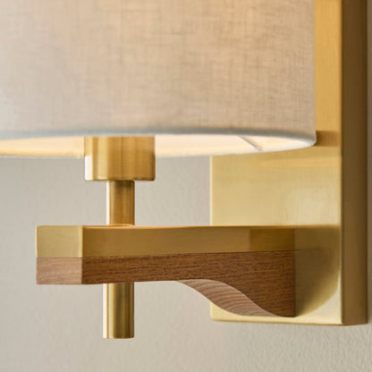 Heathcliff Oak & Aged Brass Wall Light with Linen Shade