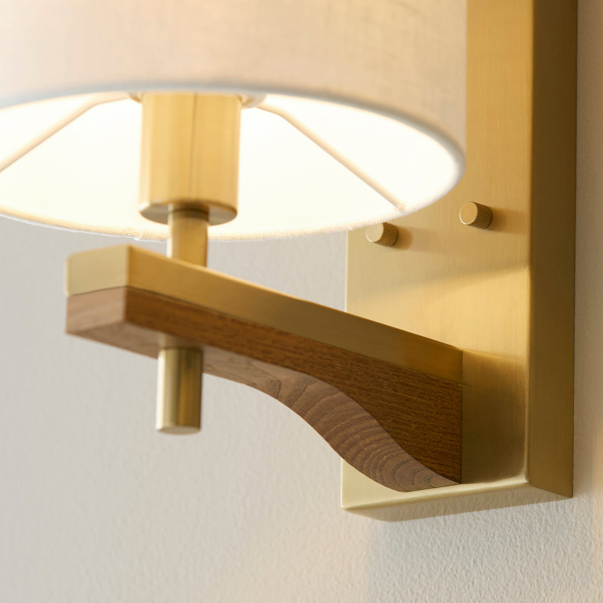 Heathcliff Oak & Aged Brass Wall Light with Linen Shade