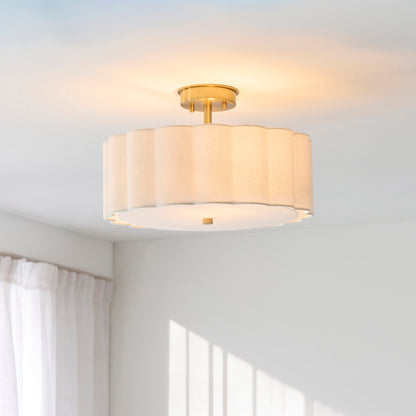 Serene 2 Light Aged Brass & White Cotton Flush Ceiling Light