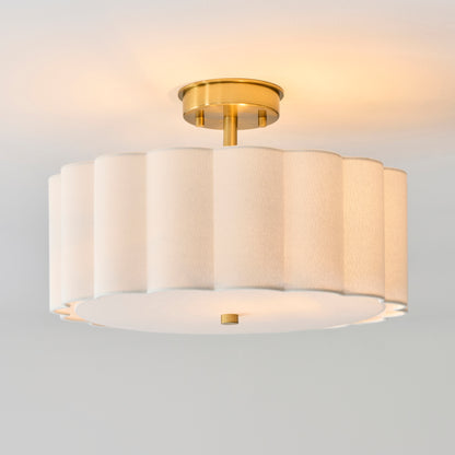 Serene 2 Light Aged Brass & White Cotton Flush Ceiling Light