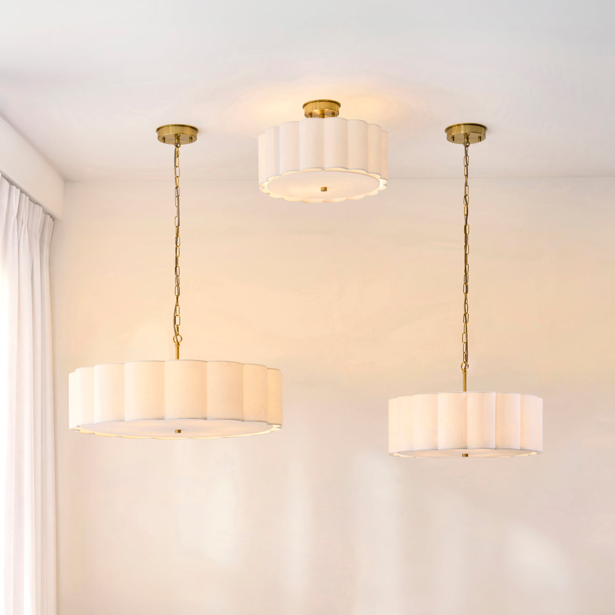 Serene 2 Light Aged Brass & White Cotton Flush Ceiling Light