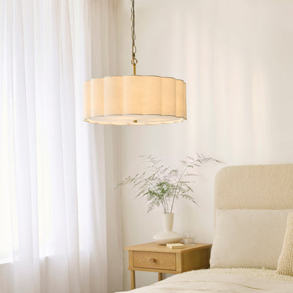 Serene 3 Light Aged Brass & White Cotton Pendant Ceiling Light