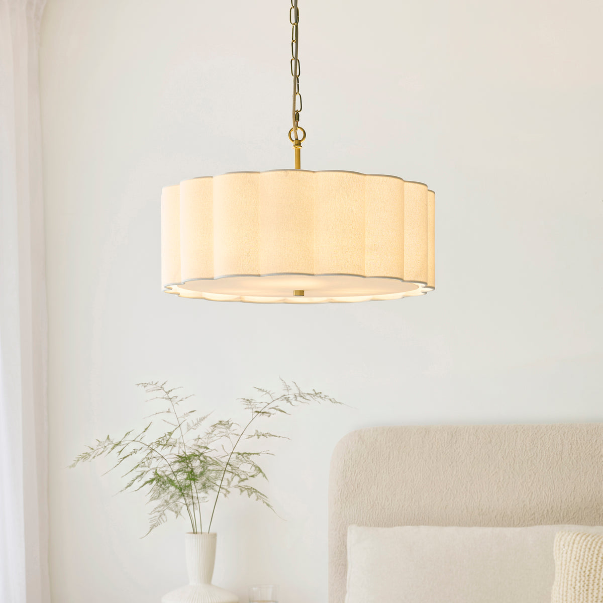 Serene 3 Light Aged Brass & White Cotton Pendant Ceiling Light
