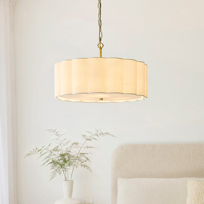 Serene 3 Light Aged Brass & White Cotton Pendant Ceiling Light