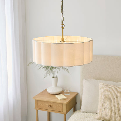 Serene 3 Light Aged Brass & White Cotton Pendant Ceiling Light