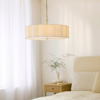 Serene 6 Light Aged Brass & White Cotton Pendant Ceiling Light