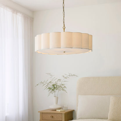 Serene 6 Light Aged Brass & White Cotton Pendant Ceiling Light