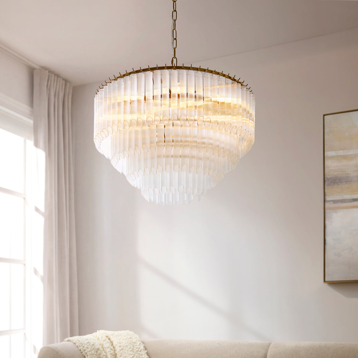 Montpellier 6 Light Aged Brass & Ribbed Glass Pendant Light