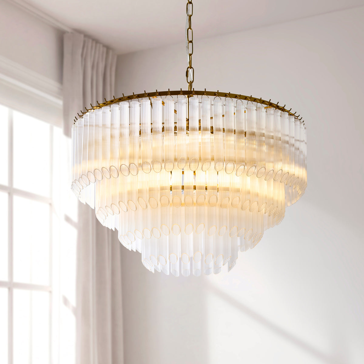 Montpellier 6 Light Aged Brass & Ribbed Glass Pendant Light