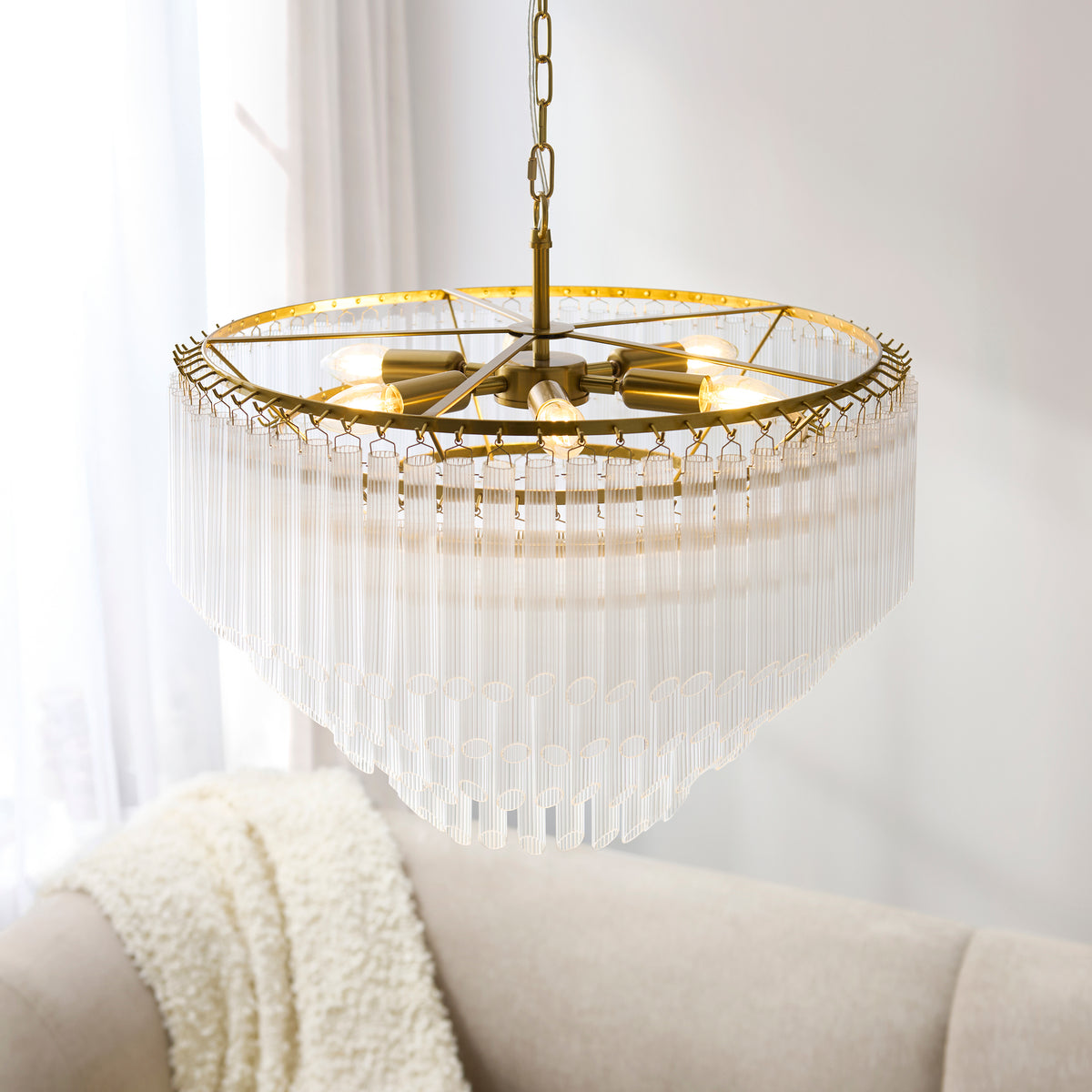 Montpellier 6 Light Aged Brass & Ribbed Glass Pendant Light