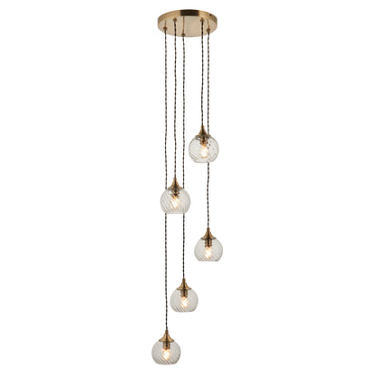 Allegra 5 Light Antique Brass & Spiral Glass Cascade Pendant Light