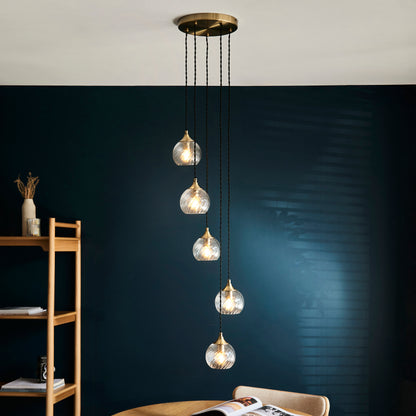 Allegra 5 Light Antique Brass & Spiral Glass Cascade Pendant Light