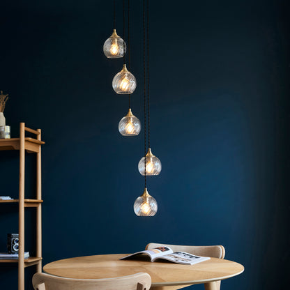 Allegra 5 Light Antique Brass & Spiral Glass Cascade Pendant Light