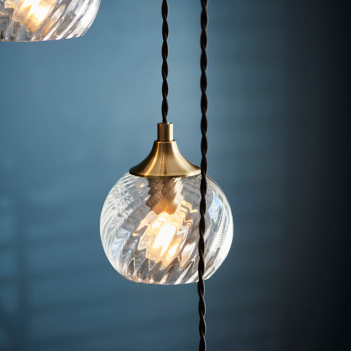 Allegra 5 Light Antique Brass & Spiral Glass Cascade Pendant Light