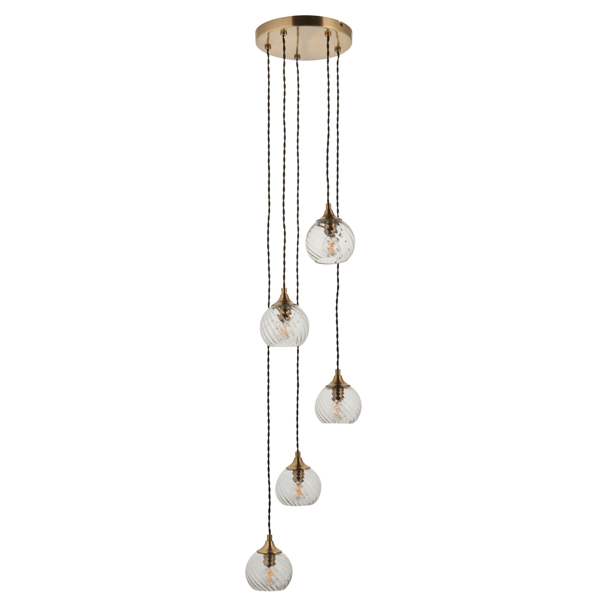 Allegra 5 Light Antique Brass & Spiral Glass Cascade Pendant Light