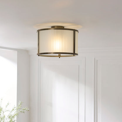 Ridgeton Antique Brass & Frosted Ribbed Glass Flush Ceiling Light