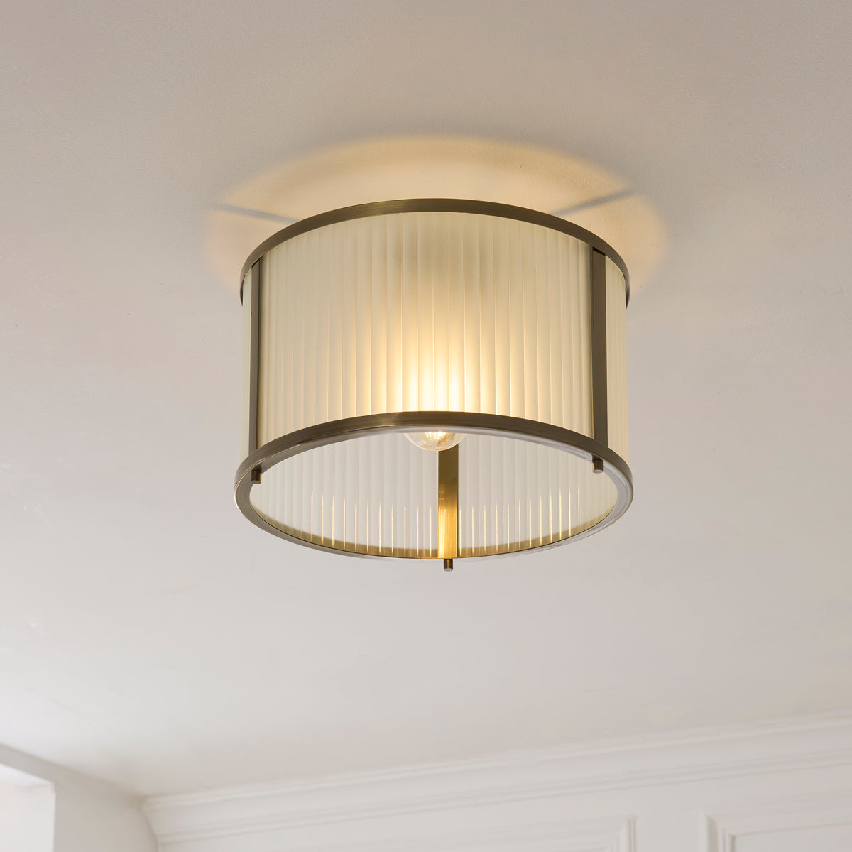 Ridgeton Antique Brass & Frosted Ribbed Glass Flush Ceiling Light