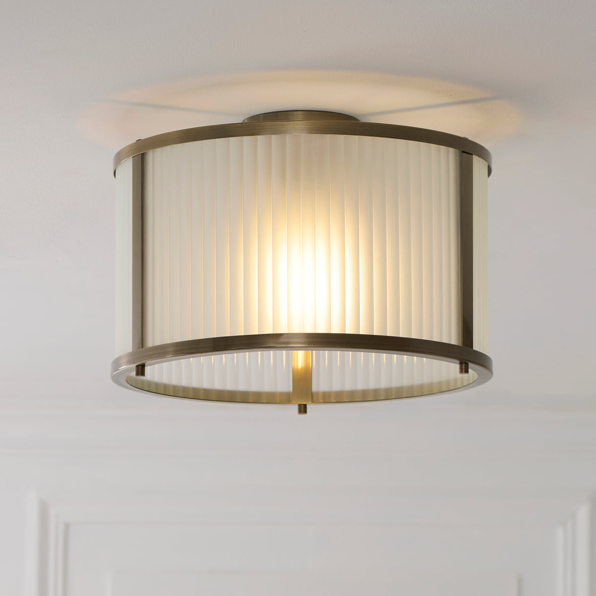 Ridgeton Antique Brass & Frosted Ribbed Glass Flush Ceiling Light
