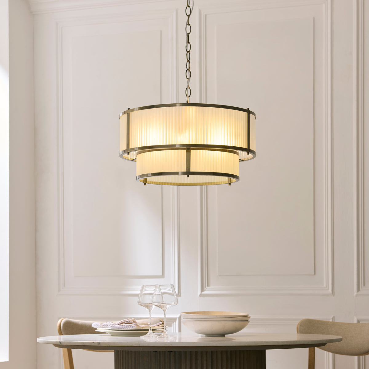 Ridgeton 5 Light Antique Brass & Frosted Glass Tiered Chandelier