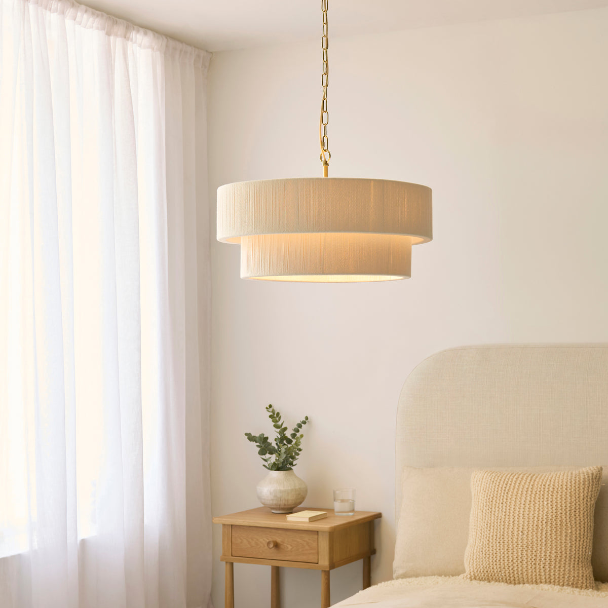 Noah 5 Light Cream Cotton Cord Tiered Pendant Ceiling Light