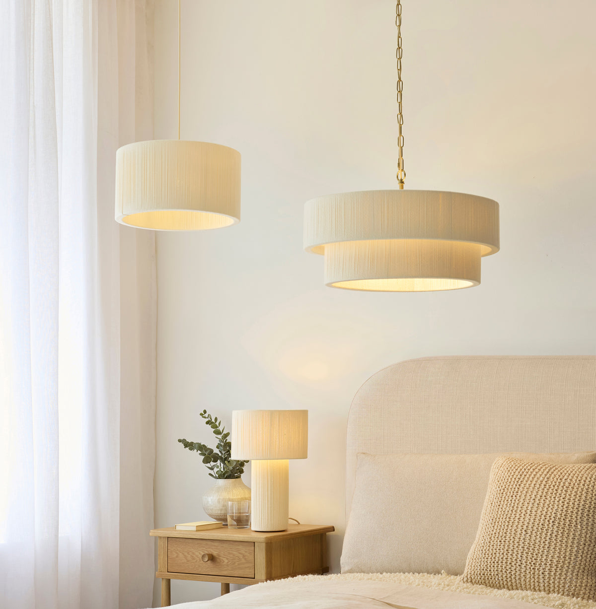 Noah 5 Light Cream Cotton Cord Tiered Pendant Ceiling Light