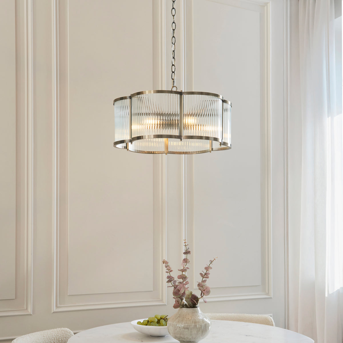 Ridgeton Scallop 5 Light Antique Brass & Ribbed Glass Pendant Light