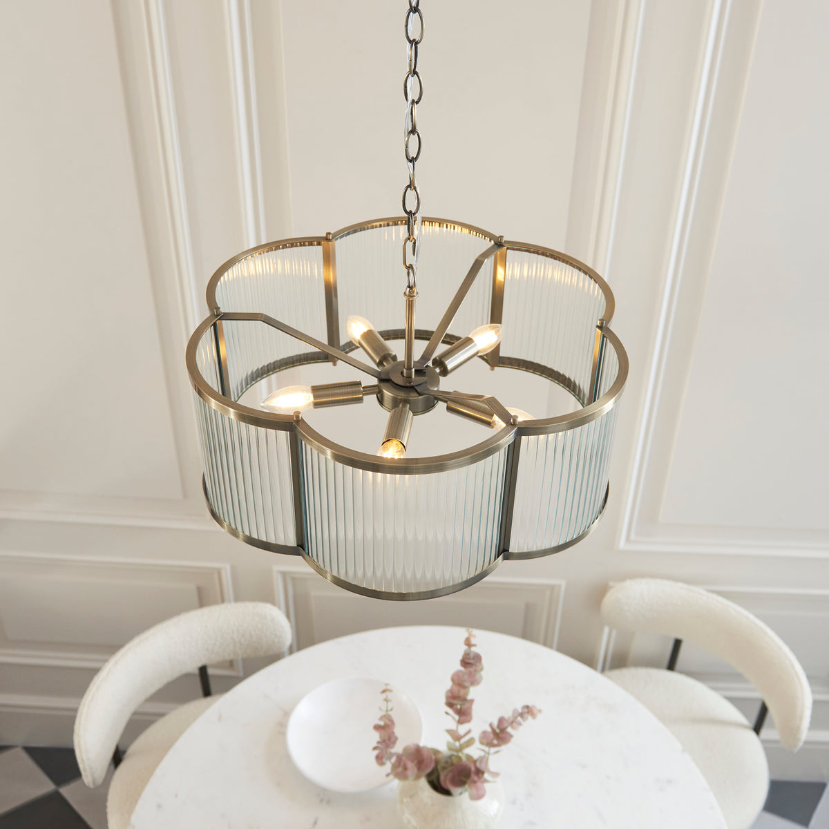 Ridgeton Scallop 5 Light Antique Brass & Ribbed Glass Pendant Light